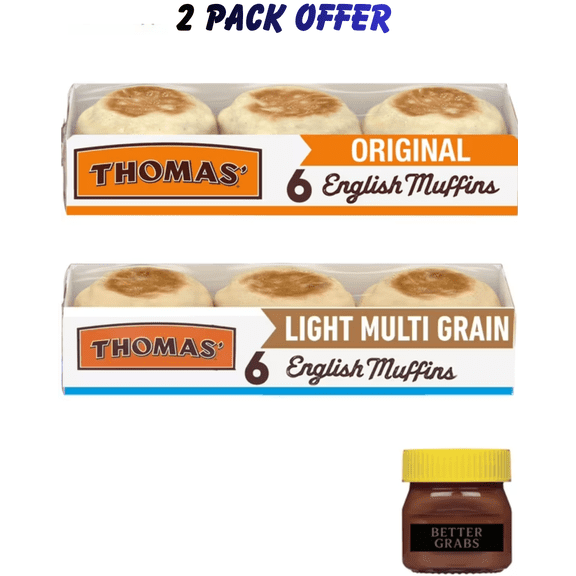 Thomas' Original English Muffins, 6 count, Kosher Plain English Muffins, 13 oz Tray | Thomas' Light Multi-Grain English Muffins, 6 count, 100 Calories English Muffins, 12 oz Tray