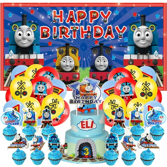 Thomas Party Decor Decorations Birthday Set for Kids Supplies Kit Latex Balloons Cake Topper Fans Banner Backdrop
