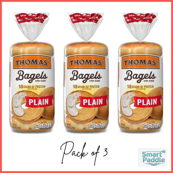 Thomas' Plain Bagels, 6 count, Pre-sliced Bagels, 20 oz Bag Pack of 3