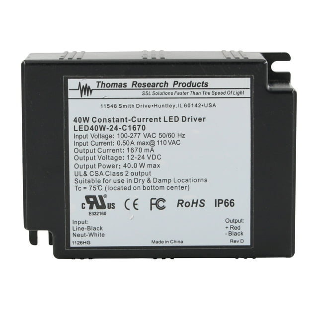 Thomas Research LED40W-24-C1670 Constant-Current LED Driver, 40W, 12-24Vdc, 100-277VAC