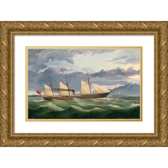 Thomas Robertson 18x13 Gold Ornate Wood Frame and Double Matted Museum Art Print Titled - A Merchant Navy Steamer Approaching the Coast, Potentially Port Chalmers, New Zealand (1866)