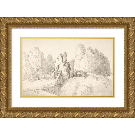 Thomas Rowlandson 14x11 Gold Ornate Wood Frame and Double Matted Museum Art Print Titled - Wooded Landscape with Ruins (1780-1827)