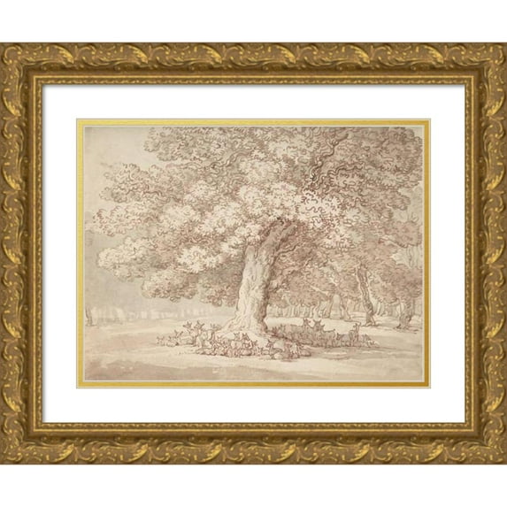 Thomas Rowlandson 14x12 Gold Ornate Wood Frame and Double Matted Museum Art Print Titled - Herd of Deer Under an Oak Tree (1775-1827)