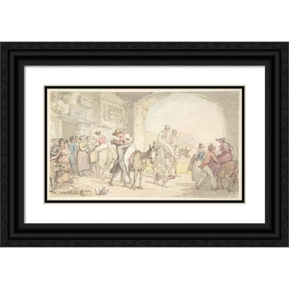 Thomas Rowlandson 24x15 Black Ornate Framed Double Matted Museum Art Print Titled: Pleasure of a Poste Aux Anes, from Sentimental Travels (ca. 1821)