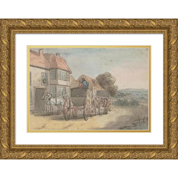 Thomas Rowlandson 24x18 Gold Ornate Framed and Double Matted Museum Art Print Titled - Coaches Outside an Inn (ca. 1780-1825)