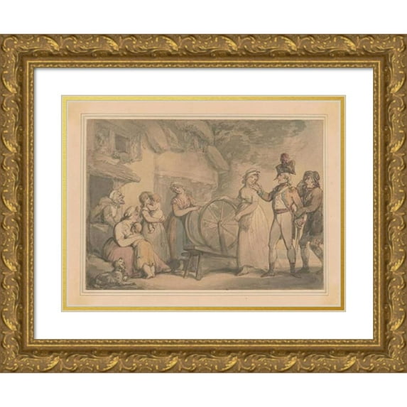 Thomas Rowlandson 24x19 Gold Ornate Framed and Double Matted Museum Art Print Titled - Soldiers and Villagers, Outside a Farmhouse (ca. 1780-1825)