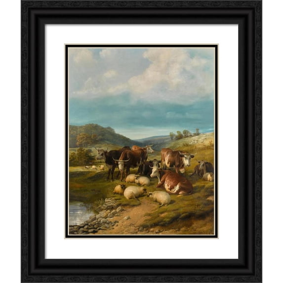Thomas Sidney Cooper 12x14 Black Ornate Wood Framed Double Matted Museum Art Print Titled: Cattle and Sheep at a Watering Place