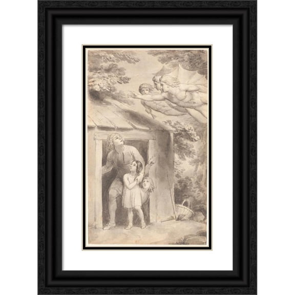 Thomas Stothard 13x18 Black Ornate Wood Framed Double Matted Museum Art Print Titled - Peter and His Children Visited by Three Flying Figures (C. 1783)