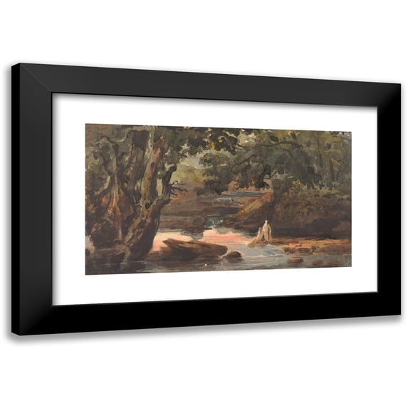Thomas Sully 24x15 Black Modern Framed Museum Art Print Titled - Two Figures in Stream, Bordered by Large Trees