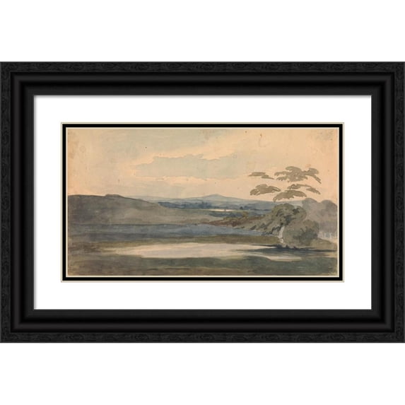 Thomas Sully 24x15 Black Ornate Framed Double Matted Museum Art Print Titled: Landscape with Trees and Mountains, Lake in Foreground
