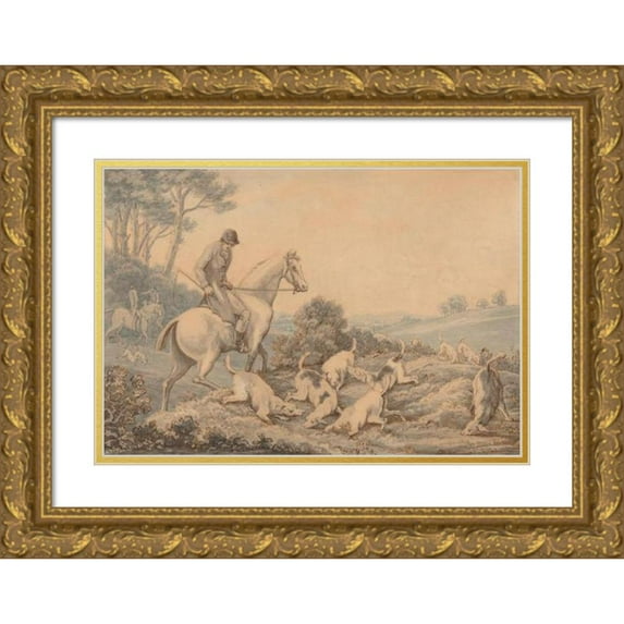 Thomas Sunderland 14x11 Gold Ornate Wood Frame and Double Matted Museum Art Print Titled - Myles Sandys’ Hounds and Huntsmen Scenting a Hare
