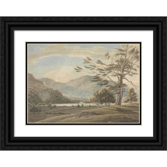 Thomas Sunderland 24x18 Black Ornate Framed Double Matted Museum Art Print Titled: Landscape; Trees, Lakes and Mountains, Lake District