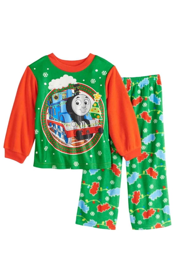 Thomas The Train Toddler Boys Green & Red Fleece Christmas Pajama Set