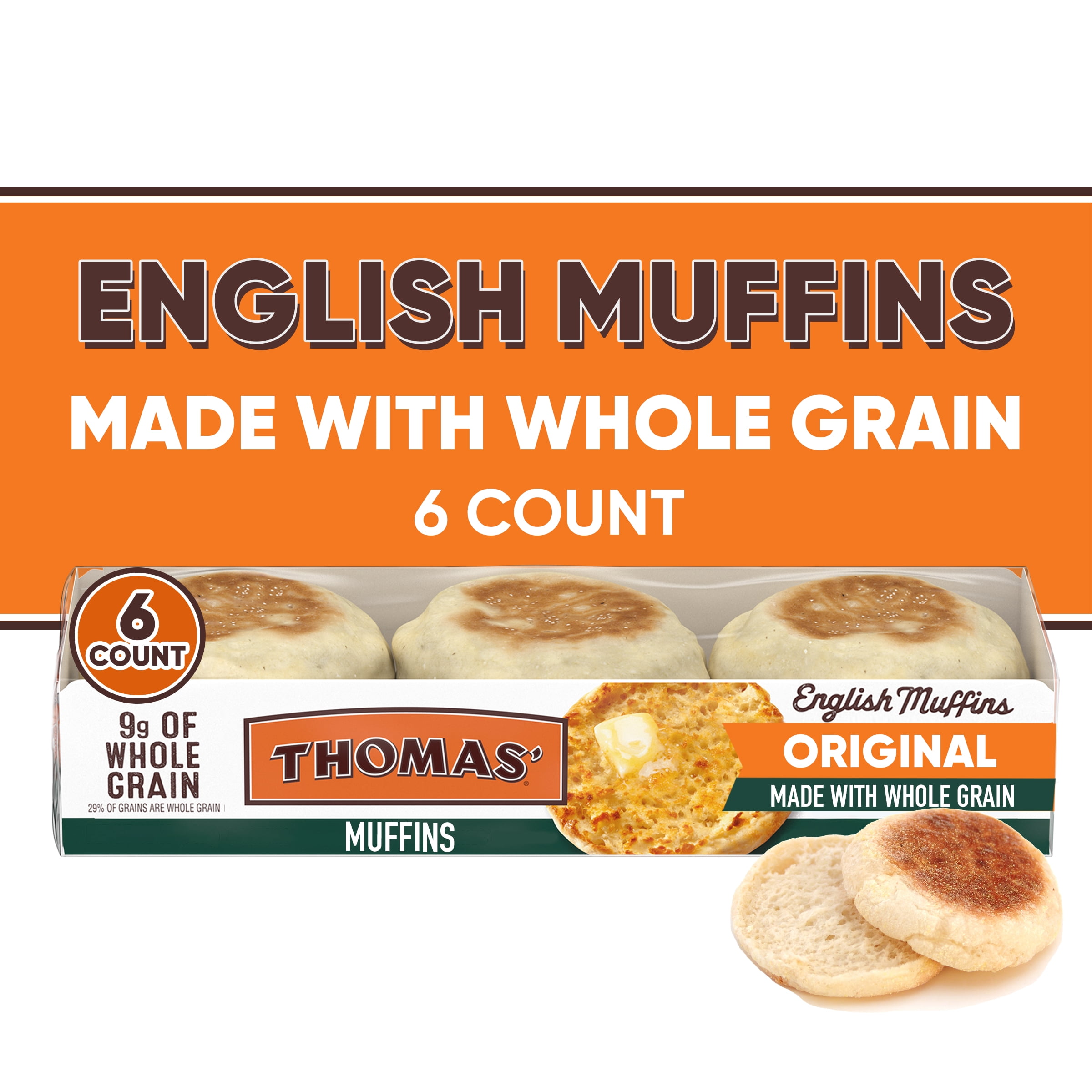 Thomas' Whole Grain English Muffins, 6 Count, 12 oz Bag