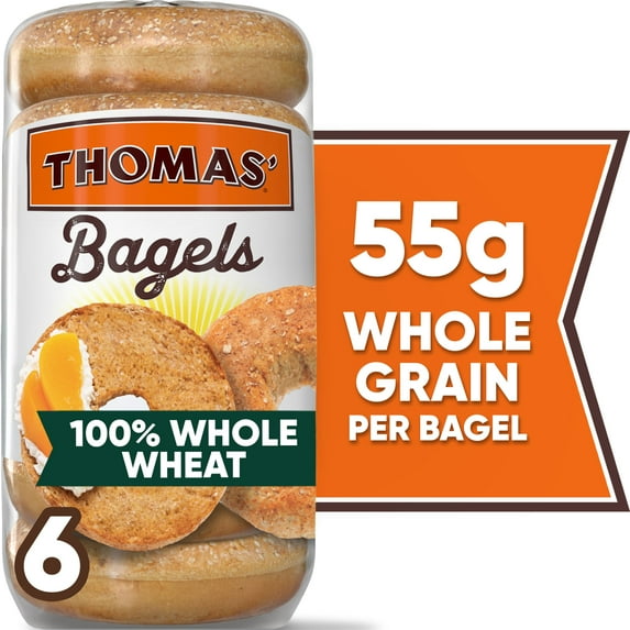Thomas' 100% Whole Wheat Bagels, 6 count, 55g Whole Grains, Kosher Whole Wheat Bagels, 20 oz Bag