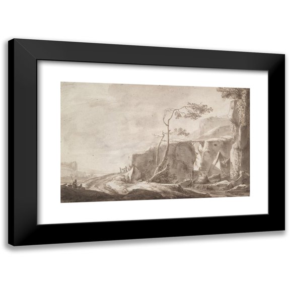 Thomas Wijck 24x17 Black Modern Framed Museum Art Print Titled - Rocky Landscape with a Stream