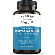 Thomas' all-natural Remedies Organic Ashwagandha Root Supplement 1000mg, Ultra Absorption with Black Pepper, 60 Vegan Capsules