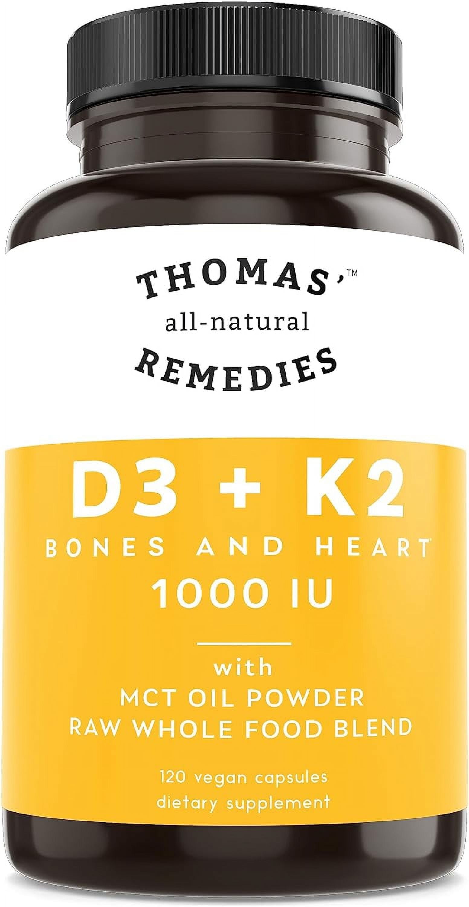 Thomas' all-natural Remedies D3 + K2 with MCT Oil for Better Absorption - 1- Vegan - Made in USA - Support for Your Heart, Bones & Teeth - Non-GMO - 120ct