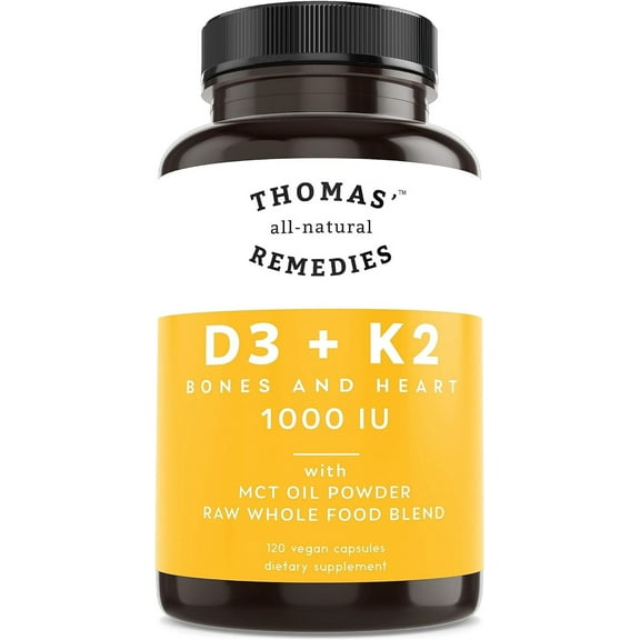 Thomas' all-natural Remedies D3 + K2 with MCT Oil for Better Absorption - 1- Vegan - Made in USA - Support for Your Heart, Bones & Teeth - Non-GMO - 120ct