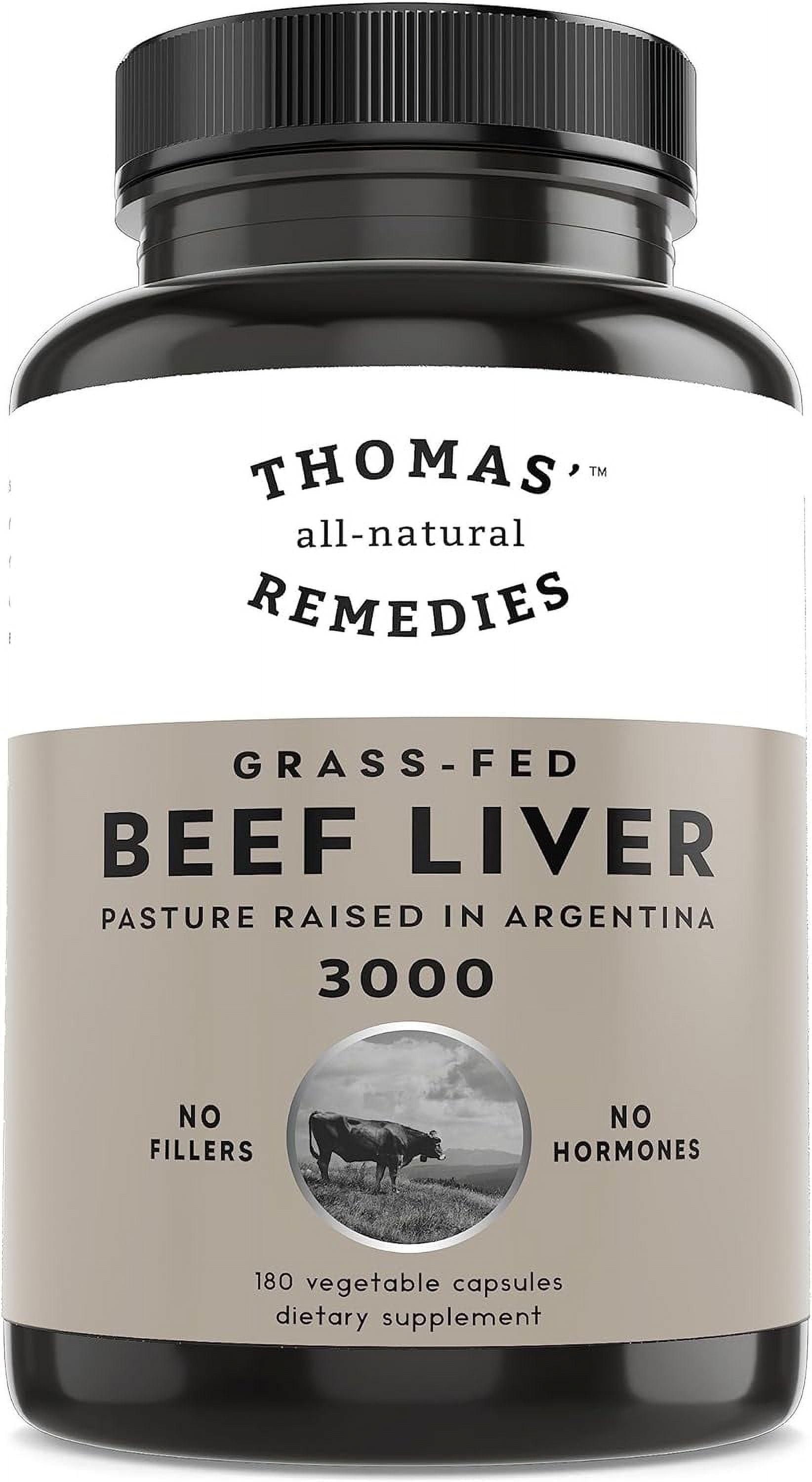 Thomas’ All-Natural Remedies Grass-Fed Beef Liver Capsules, 3000mg, Nutrient-Rich Superfood, Non-GMO & Hormone Free, 180 Ct
