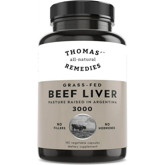 Thomas’ All-Natural Remedies Grass-Fed Beef Liver Capsules, 3000mg, Nutrient-Rich Superfood, Non-GMO & Hormone Free, 180 Ct