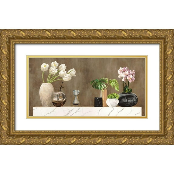 Thomlinson, Jenny 18x11 Gold Ornate Wood Framed with Double Matting Museum Art Print Titled - Floral Setting on White Marble