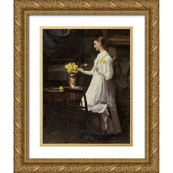 Thomsen, Carl 19x24 Gold Ornate Wood Framed with Double Matting Museum Art Print Titled - Arranging Daffodils