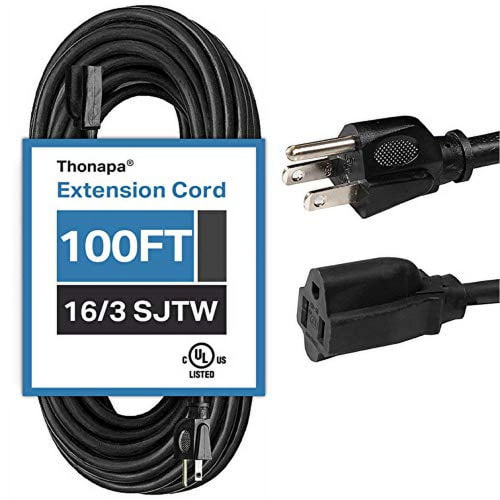 Thonapa 100 Ft Black Extension Cord - 16/3 Electrical Cable with 3 Prong Grounded Plug for Safety