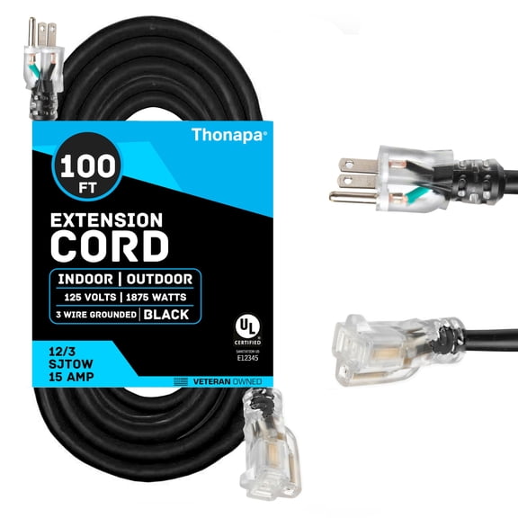Thonapa 12/3 Black Oil Resistant Extension Cord 100 ft, SJTOW 12 Gauge Heavy Duty Extension Cord with 3 Prong, Black Electrical Cable Great for Farm, Ranch, Workshop - 15 AMP, US Veteran Owned Brand