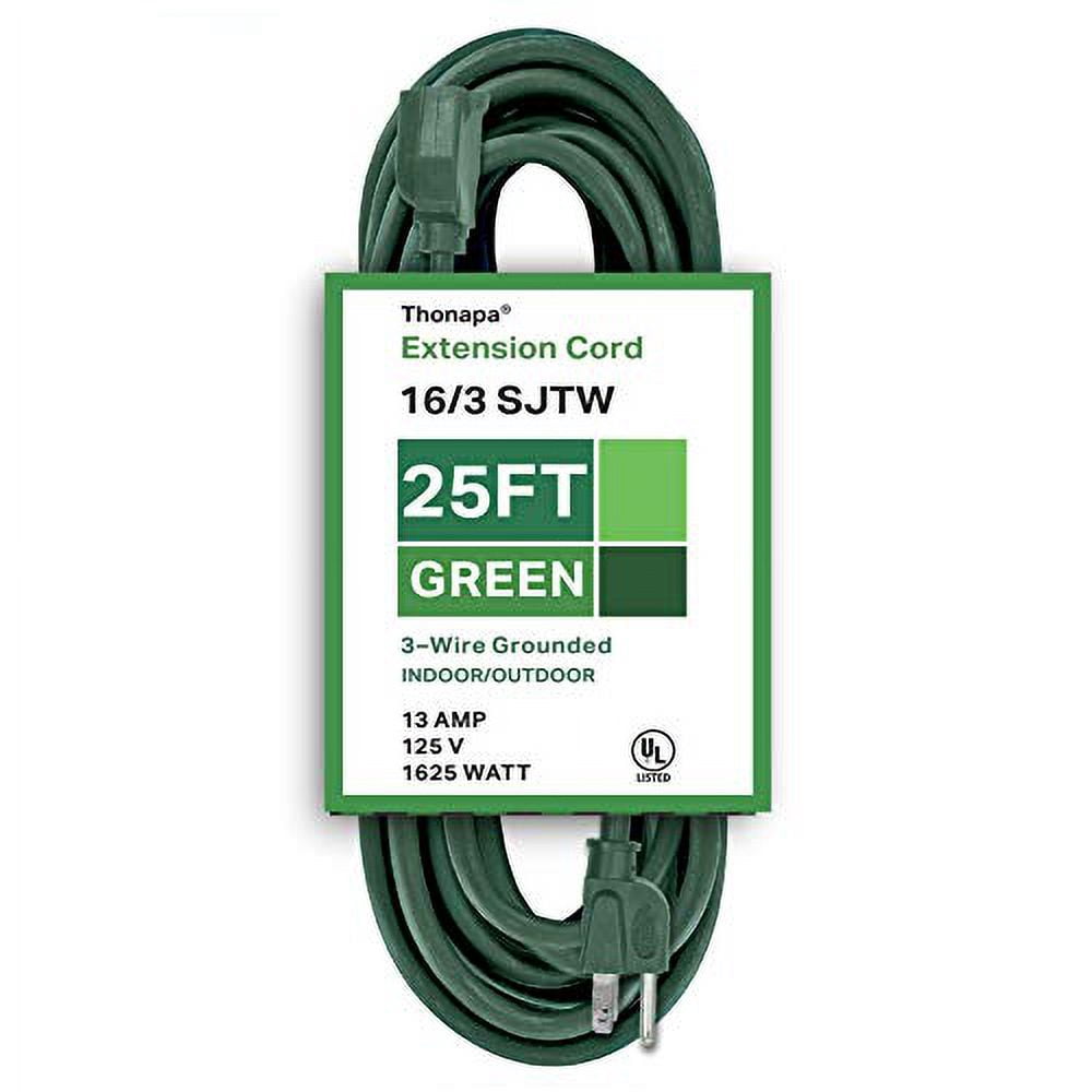 Thonapa 25 Ft Outdoor Extension Cord - 16/3 SJTW Durable Green Cable - Great for Christmas Lights, Garden and Major Appliances