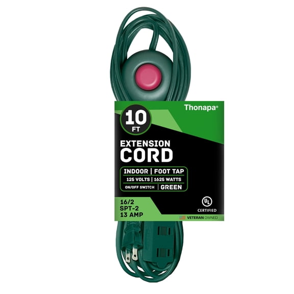 Thonapa 3 Outlet Foot Switch Extension Cord 10 ft, 13 Amp Green with Foot Tap Switch, 16/2 Indoor Lamp Cord Great for Indoor Outdoor Lights - 16 AWG