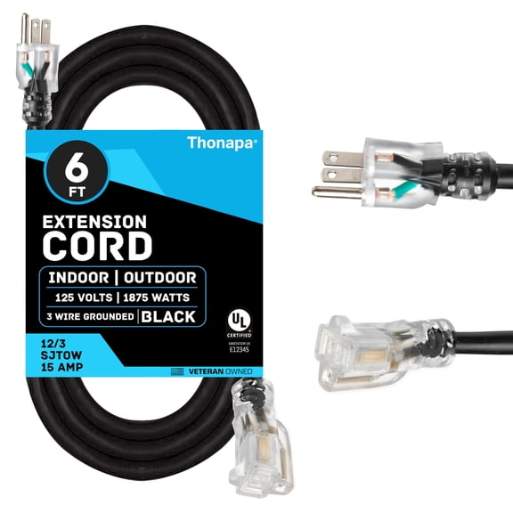Thonapa 6 Foot Outdoor Extension Cord - 12/3 Heavy Duty Black Extension Cable with 3 Prong Grounded Plug for Safety - Great for Garden, Tools and Major Appliances