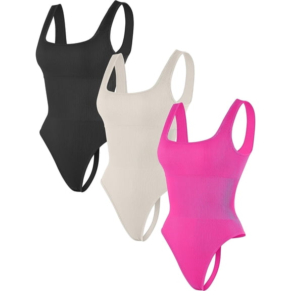 Thong Bodysuits for Women 3 Piece Sexy Ribbed Seamless Tummy Control Shapewear Sleeveless Square Neck Tank Top