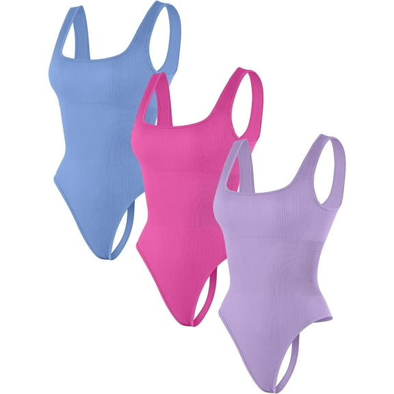 Thong Bodysuits for Women 3 Piece Sexy Ribbed Seamless Tummy Control Shapewear Sleeveless Square Neck Tank Top
