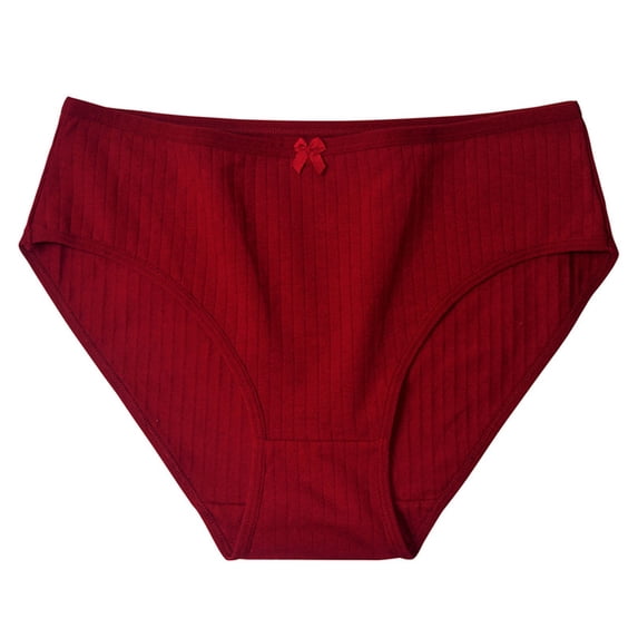 Thong Underwear Women Cotton Mid Waist Panties Womens Cute Bow Ribbed Casual Daily Sports Underwear Briefs Wine M