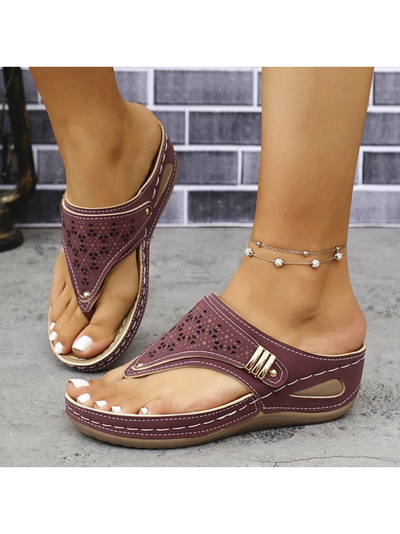 Thong Wedge Sandals, Thong Sandals for Women Casual Arch Support Slip On Buckle Strap Slippers Womens Flip Flops for Summer Beach Sandals Bathroom Waterproof Leather Shoe, Red 9