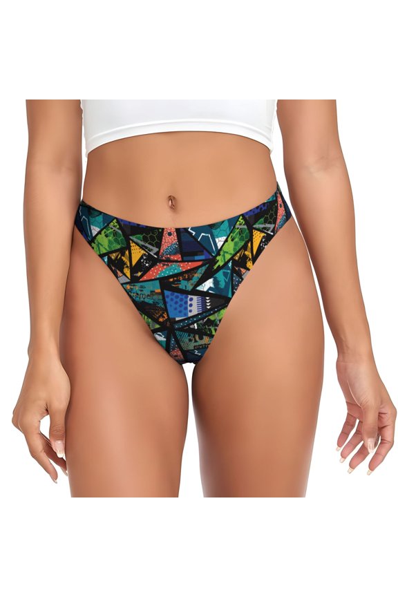 Thongs for Women - Abstract Geometric Collage Graphics No Show Seamless Womens Thongs Underwear, Breathable G String Thongs for Women, Ladies Stretch Low Rise Thong Bikini Panties Briefs