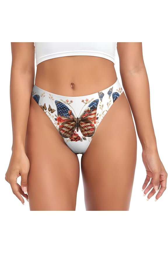 Thongs for Women - American Flag Butterfly Blooms No Show Seamless Womens Thongs Underwear, Breathable G String Thongs for Women, Ladies Stretch Low Rise Thong Bikini Panties Briefs