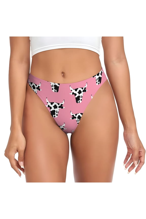 Thongs for Women - Artistic Cartoon Cow Print Head No Show Seamless Womens Thongs Underwear, Breathable G String Thongs for Women, Ladies Stretch Low Rise Thong Bikini Panties Briefs