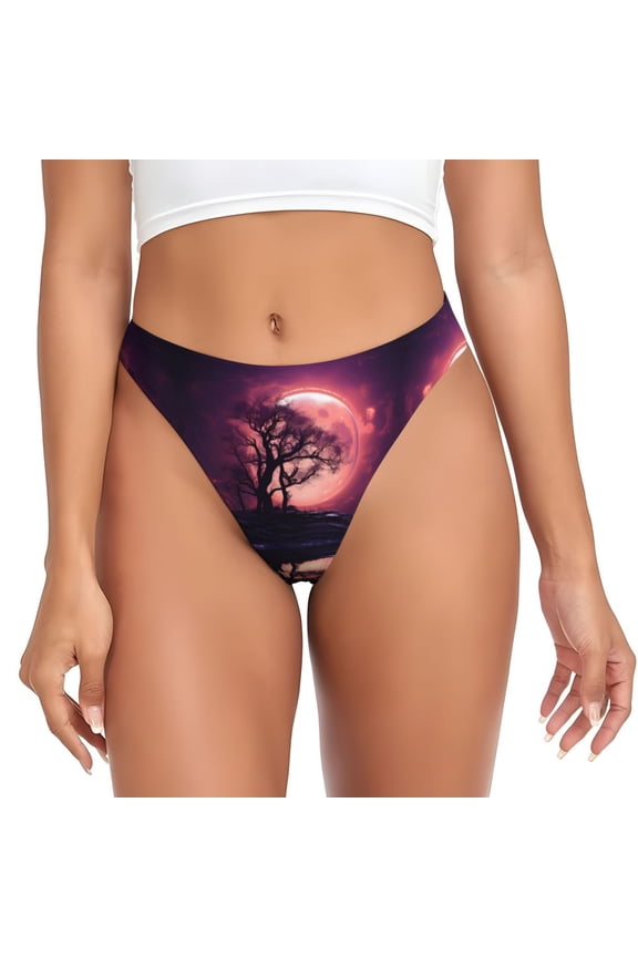 Thongs for Women - Artistic Fiery Red Moon No Show Seamless Womens Thongs Underwear, Breathable G String Thongs for Women, Ladies Stretch Low Rise Thong Bikini Panties Briefs