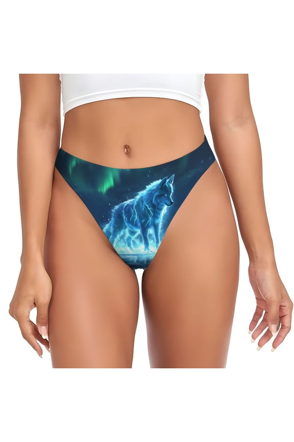 Thongs for Women - Aurora Wolf Frozen Lake No Show Seamless Womens Thongs Underwear, Breathable G String Thongs for Women, Ladies Stretch Low Rise Thong Bikini Panties Briefs