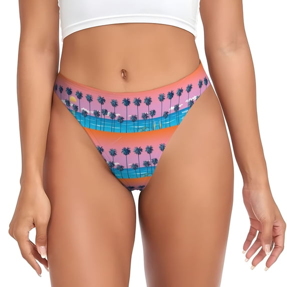 Thongs for Women - Beach with Palm Trees k No Show Seamless Womens Thongs Underwear, Soft Stretch G String Thongs for Women,Cuteness Ladies Thong Bikini Panties Briefs