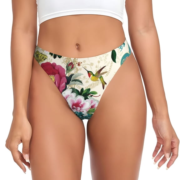 Thongs for Women - Bird Butterfly Rose No Show Seamless Womens Thongs Underwear, Breathable G String Thongs for Women, Ladies Stretch Low Rise Thong Bikini Panties Briefs