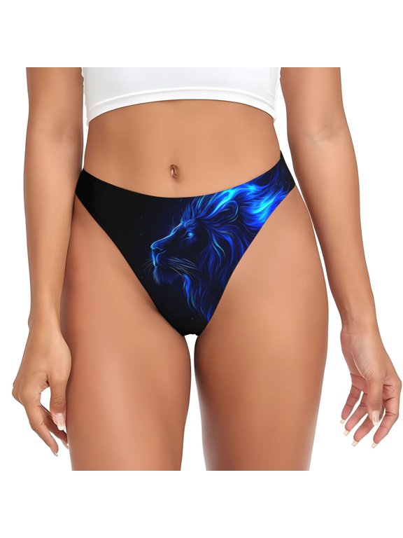 Thongs for Women - Black Lion with Blue Flames No Show Seamless Womens Thongs Underwear, Breathable G String Thongs for Women, Ladies Stretch Low Rise Thong Bikini Panties Briefs