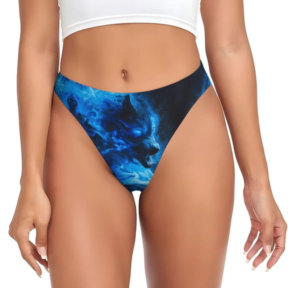 Thongs for Women - Blue Fire Cool Wolf No Show Seamless Womens Thongs Underwear, Breathable G String Thongs for Women, Ladies Stretch Low Rise Thong Bikini Panties Briefs