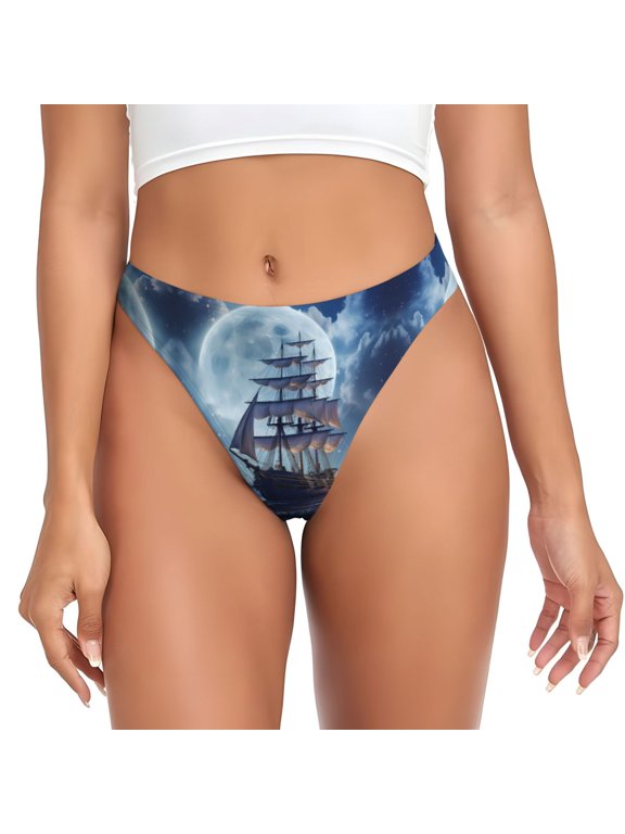 Thongs for Women - Blue-Purple Moon Sky Sailboat No Show Seamless Womens Thongs Underwear, Breathable G String Thongs for Women, Ladies Stretch Low Rise Thong Bikini Panties Briefs