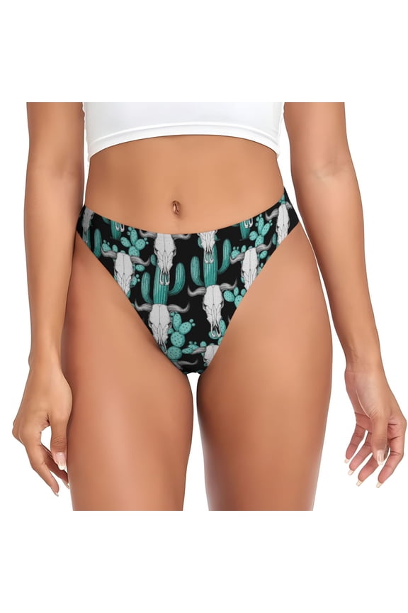 Thongs for Women - Buffalo Skull cactus western No Show Seamless Womens Thongs Underwear, Breathable G String Thongs for Women, Ladies Stretch Low Rise Thong Bikini Panties Briefs
