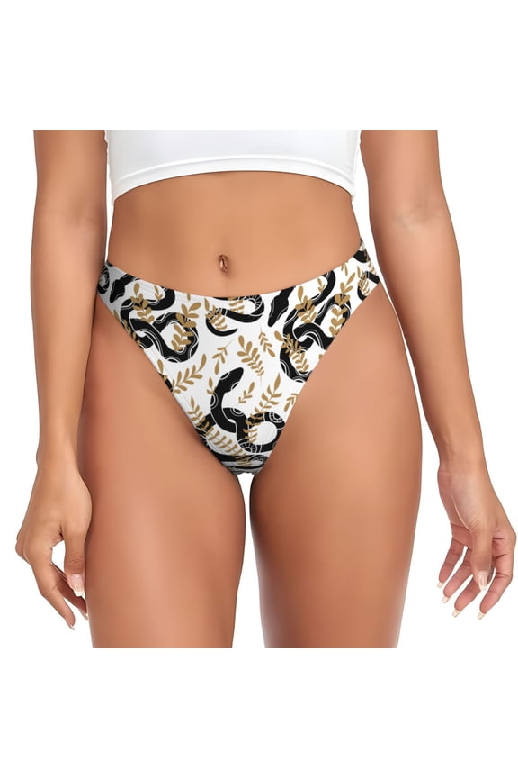 Thongs for Women - Cartoon Black Cute Snake Leaves No Show Seamless Womens Thongs Underwear, Breathable G String Thongs for Women, Ladies Stretch Low Rise Thong Bikini Panties Briefs