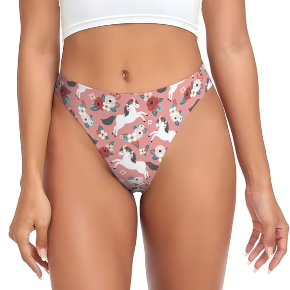 Thongs for Women - Cartoon Cute Horse Rose Daisy No Show Seamless Womens Thongs Underwear, Soft Stretch G String Thongs for Women,Cuteness Ladies Thong Bikini Panties Briefs