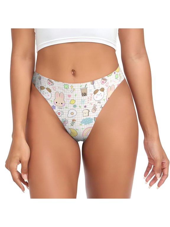 Thongs for Women - Cartoon Cute Rabbit Moon Rainbow No Show Seamless Womens Thongs Underwear, Breathable G String Thongs for Women, Ladies Stretch Low Rise Thong Bikini Panties Briefs